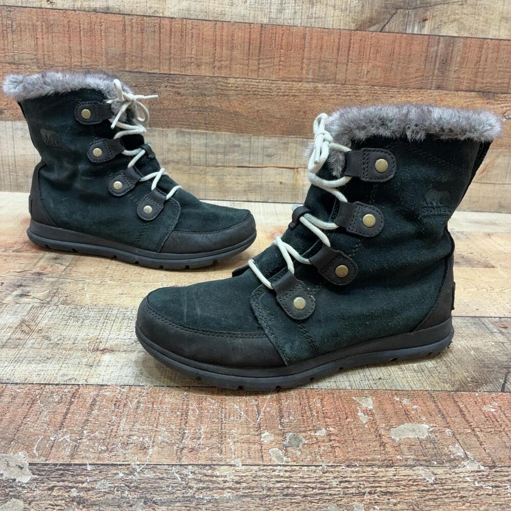 Sorel Snow Boots Womens Size 10.5 41.5 Green Suede Faux Fur Mid Calf NL3039-010